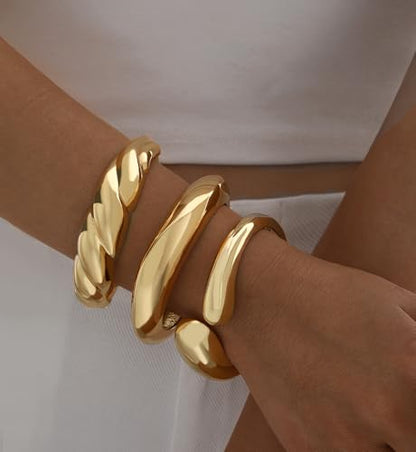 Chunky Gold Bangle Bracelets for Women, Dainty 14k Gold Plated Big Stackable Bangles Set, Trendy Statement Cuff Bracelet Stack Fashion Jewelry Gifts - style: A4-gold