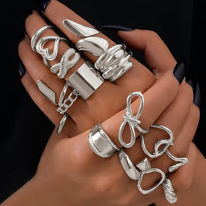 IFKM Gold Chunky Rings Set for Women 14k Gold Plated Thick Dome Stackable Open Rings Trendy Dainty Minimalist Jewelry Gifts - color: Silver, style: Geometric metal wind