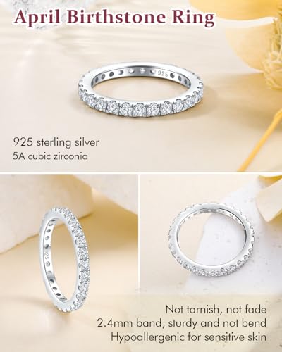 DAYBYDAY Sapphire/Emerald/Ruby Full Eternity Band Rings for Women, 2.4mm Thin Birthstone Stackable Rings, 925 Sterling Silver/14K Gold Plated Gemstone Wedding Band Anniversary Ring Size 6 to 10 - color: 04. White Cz, April