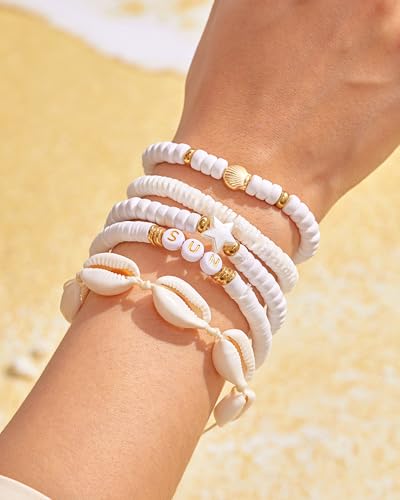 Shell Bracelets for Women Layered Seashell Starfish Bracelets Stackable Stretch Boho Beaded Bracelet Summer Beach Surfer Bracelet Seaside Beach Dress Outfits Accessories - color: A5:shell bracelets