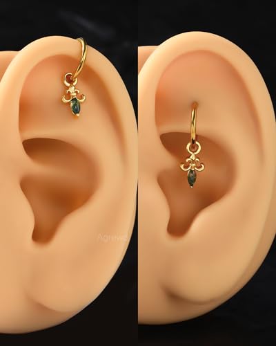 Clicker Rook Piercing Jewelry, 16G Moss Agate Rook Earrings Dangle, Stainless Steel Helix Lobe Hoop Earrings 6/8MM - color: YG-6MM