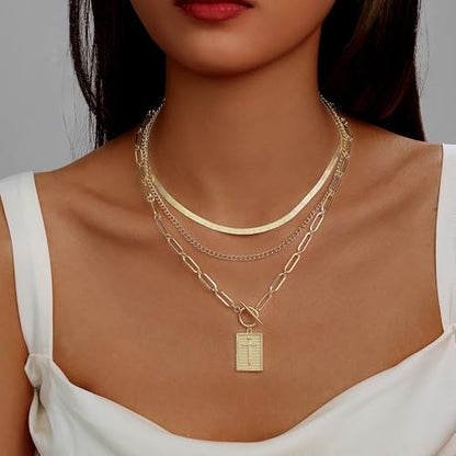 Evabelle Gold Layered Necklace for Women Trendy Jewelry 14K Real Gold Plated Chunky Chain Stackable Necklaces Dainty Choker Necklaces Rectangle Square Pendant - color: Gold Necklace 23