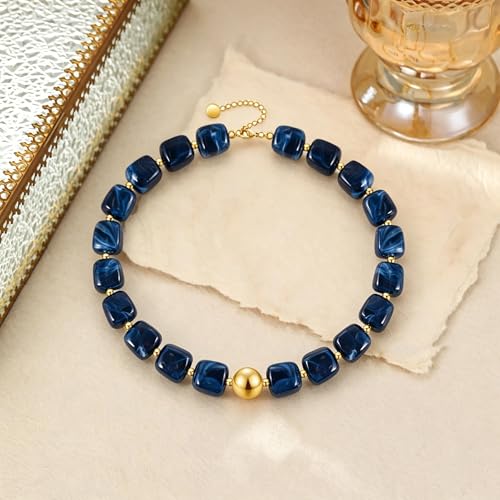 VIBILIA Boho Beaded Chunky Statement Necklace for Women Y2K Summer Jewelry | Boho Handmade Large Resin Bead Strand, Trendy Statement Summer Vacation Holiday Jewelry - color: Square-Navy blue