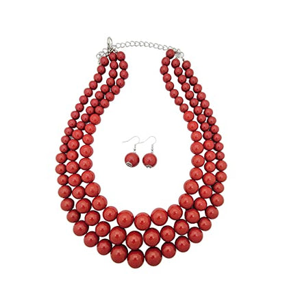 Fashion 21 Women's Faux Pearl Three Multi-Strand Statement Necklace and Earrings Set - color: Red