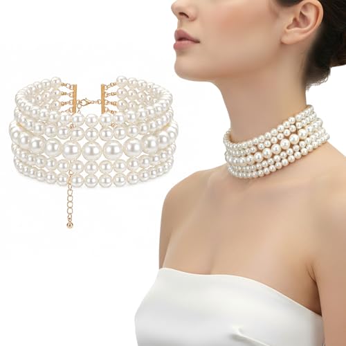 5 Layers Round Imitation Pearl Choker Necklace, Vintage White Multi-Strand Pearlchoker Necklaces for Women Bridal Wedding Party