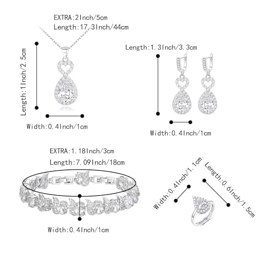 Wedding Jewelry Set for Women Bride Bridesmaid | Gorgeous Cubic Zirconia Teardrop Necklace Earrings Bracelet Adjustable Ring Jewelry Gift for Birthday/Anniversary - color: Heart-Clear