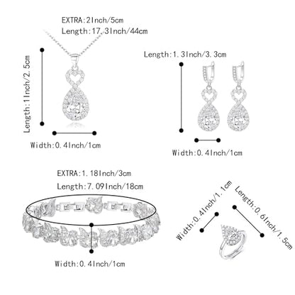 Wedding Jewelry Set for Women Bride Bridesmaid | Gorgeous Cubic Zirconia Teardrop Necklace Earrings Bracelet Adjustable Ring Jewelry Gift for Birthday/Anniversary - color: Heart-Clear