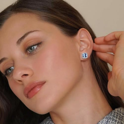 Dainty Birthstone Earrings for Women Sterling Silver Small Stud Earrings with Halo Cushion/Round Created Gemstone Earrings Birthstone Jewelry - style: A 12. Dec./created blue topaz-cushion cut