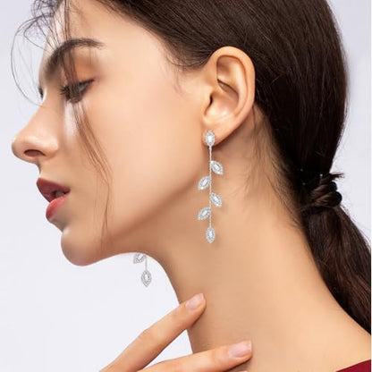 Gold/Silver Clip on Earrings Non Pierced for Women - 14K Gold Plated Long Tasse Drop Dangle Clip Earrings - Cubic Zirconia Leaf Earrings for Women Gold Wedding Jewelry Gifts - color: Silver-tone