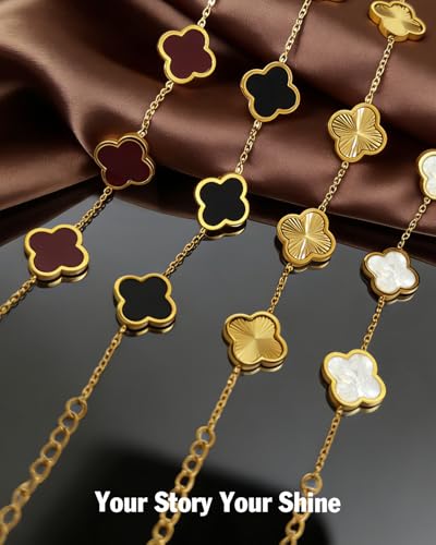 Four Leaf Clover Bracelet 18K Gold Plated Bracelets for Women Lucky Flower Design Stainless Steel Hypoallergenic Link Chain Adjustable Dainty Trendy Jewelry Gifts for Women - color: Golden