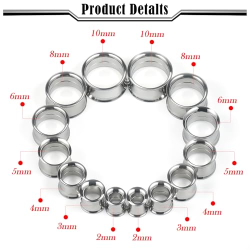 12G-25mm Double Flare Thin Gauges Tunnels Plugs Stretching Kit 316L Surgical Stainless Steel Hollow Gauge Tunnel Plug for Ear 12G 10G 8G 6G 4G 2G 0G 00G 12mm 14mm 16mm 18mm 20mm 22mm 25mm - color: Silver Tone, size: 12G(2.0mm)-14mm