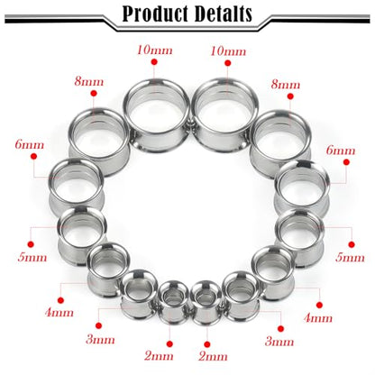 12G-25mm Double Flare Thin Gauges Tunnels Plugs Stretching Kit 316L Surgical Stainless Steel Hollow Gauge Tunnel Plug for Ear 12G 10G 8G 6G 4G 2G 0G 00G 12mm 14mm 16mm 18mm 20mm 22mm 25mm - color: Silver Tone, size: 12G(2.0mm)-14mm
