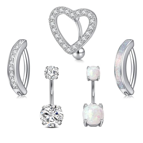 Belly Button Rings Stainless Steel 14G CZ Opal Navel Rings Barbells Women Girls Belly Piercing Jewelry - color: Silver Color-Clicker-StyleD: 5PCS