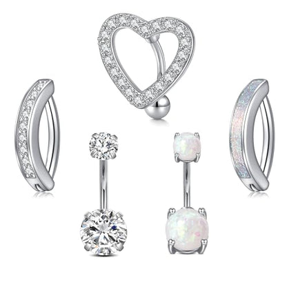 Belly Button Rings Stainless Steel 14G CZ Opal Navel Rings Barbells Women Girls Belly Piercing Jewelry - color: Silver Color-Clicker-StyleD: 5PCS