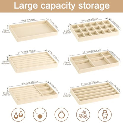 12Pcs Velvet Stackable Jewelry Trays, Jewelry Drawer Organizer, Large Removable Display Jewelry Tray, Necklace Bracelet Storage Box for Earring, Ring, Brooch, Watch (Beige) - color: 12 Pack-Beige