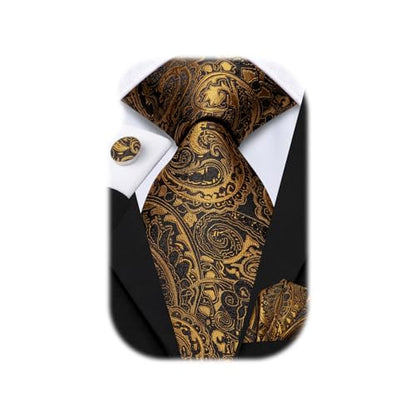 Hi-Tie Men 63inches Tie Set Extra Long Necktie Paisley Tie Pocket Suqare Cufflinks Big and Tall Men Tie - color: Black Gold Paisley
