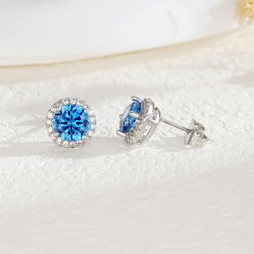 YOMELA Round Cubic Zirconia Stud Earrings for Women | Everyday Dainty, Diamond-Like Brilliance, CZ Halo Birthstone Studs, Hypoallergenic & Lightweight, Elegant & Versatile - color: Royal Blue