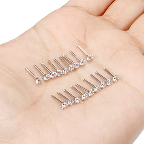 18G 20G 22G Nose Rings Studs with Cubic Zirconia 316L Surgical Steel Straight Screw L Shaped Nose Studs Piercing Jewelry for Women Men Girl CZ 1.5mm 2mm 2.5mm 3mm 20Pcs - color: A:20G Straight- Silver 3mm