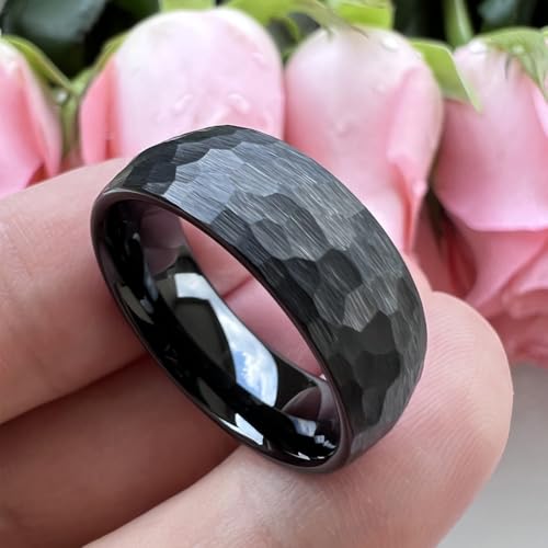 TUTISS 6mm 8mm Silver/Black/Gold/Rose Gold Hammered Tungsten Rings for Men Women Couple Fashion Jewelry Engagement Wedding Bands Domed Matte Finish Comfort Fit - color: 8mm Black I Love You Engraved