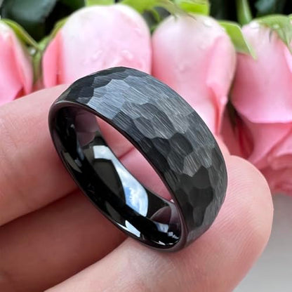 TUTISS 6mm 8mm Silver/Black/Gold/Rose Gold Hammered Tungsten Rings for Men Women Couple Fashion Jewelry Engagement Wedding Bands Domed Matte Finish Comfort Fit - color: 8mm Black I Love You Engraved