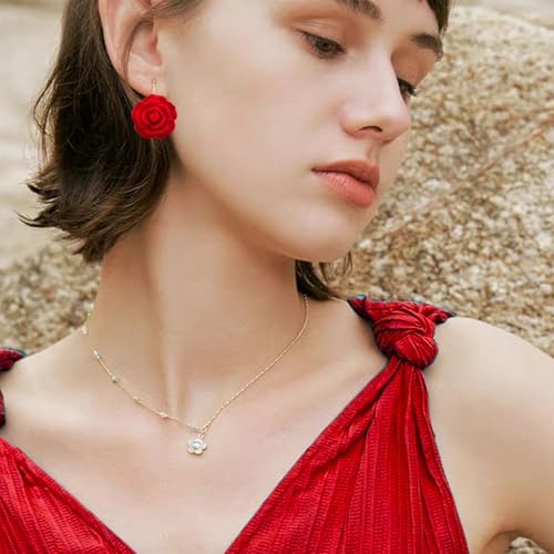 Handmade Bohemian Aesthetic Dainty Acrylic Flower Petal Leverback Earrings Sparkly 14K Gold Floral Dangle Drop Earrings for Women - color: Bright Red