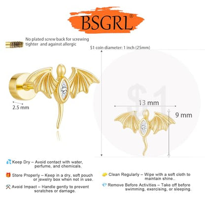 Flat Back Earrings for Women Cartilage Helix | Comfortable Dainty Cute Dragon Bee Bird Phoenix Dragonfly Cute Animal Leaf Spiral Rhombus Design Flatback Stud Earrings - color: gold dragon
