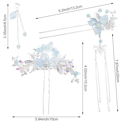 5 Pcs Flower Pearl Tassel Hairpins & Rhinestone Hair Clips, Vintage Chinese Hanfu Bridal Wedding Headpieces Hair Accessories for Women Girls Updo Hairstyle