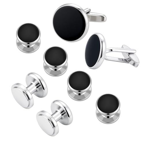 Cufflinks for Men and Tuxedo Shirt Studs Set with Gift Box Stainless Steel Cuff links - style: Silver/Black-2+6