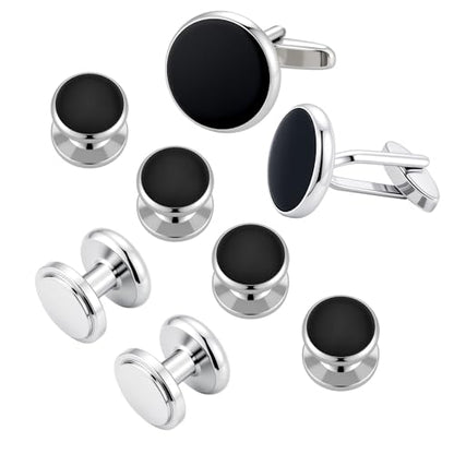 Cufflinks for Men and Tuxedo Shirt Studs Set with Gift Box Stainless Steel Cuff links - style: Silver/Black-2+6