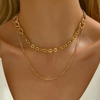 18K Gold Plated Layered Herringbone Necklaces for Women Dainty Layering Beaded Snake Chain Choker Moon Coin Pendant Necklace Trendy Stainless Steel Jewelry - color: Double Cuban Link-Gold