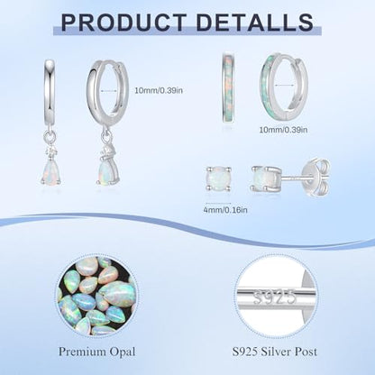 Opal Earrings Set for Women, Birthday Gift for Her, Sterling Silver | 14K Gold Plated, Hypoallergenic S925 Opal Hoop Stud Earrings for Women with Sensitive Ears, Dainty earring Stacks—Trendy Opals Jewelry 2026 - color: Silver