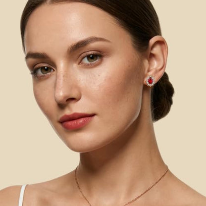 EVEVIC Oval Austrian Crystal Halo Clip On Earrings for Women | Oval Austrian Crystal with Zircon Halo,14K Gold-Plated,Silicone Comfort Pad,Gift Box Included,For Daily and Evening Events - color: Red