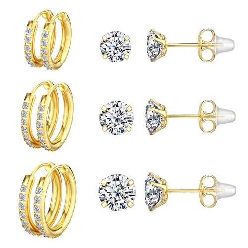 5 Pairs Huggie Hoop Earrings, Cubic Zirconia 14K Gold-Plated 316L Surgical Steel, Hypoallergenic Lightweight Design for Women & Men Cartilage & Multi-Piercing Stacking(13-21mm) - color: M+gold