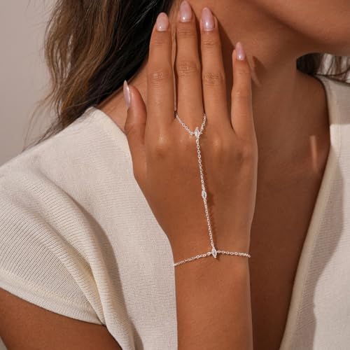 Bracelets for Women, Dainty Gold Silver Ring Bracelet Hand Chain | Cubic Zirconia Pearl Charms, 14K Gold Plated, Adjustable Fit, Trendy Stackable Link Chain, Waterproof Jewelry, Gift for Her - color: Silver-marquise hand chain