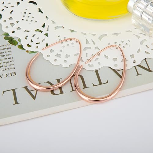 Lightweight Teardrop Hoop Earrings for Women - 14k Gold/White Gold Plated Large Oval Pull Through Hoop Earrings High Polished Statement Jewelry Gift for Women - color: Rose gold 50*30