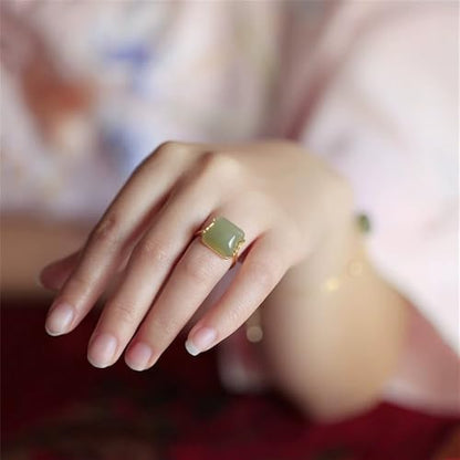 Vintage Green Bamboo Hetian Jade Statement Ring for Women Delicate Chinese Style Handmade Gemstone Adjustable Open Wrap Finger Band Fashion Cocktail Party Stacking Rings Elegant Wedding Jewelry