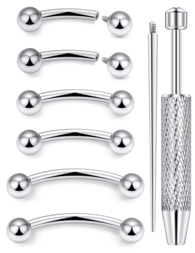 Internally Threaded Eyebrow Piercing Jewelry Surgical Steel Tiny Eyebrow Rings Vertical Labret Lip Jewelry Small Ear Rook Earring for Women Men 18g 16g 14g Plus Piercing Ball Grabber Tool - color: silvertone, size: 14g,ball end