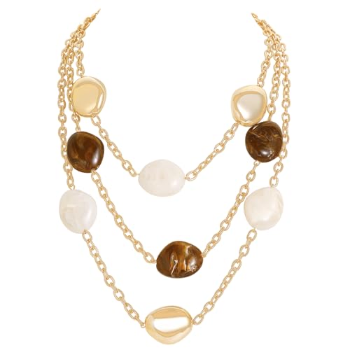 Bocar 3 Layered Statement Necklace for Women Multi Strand Necklace with Resin Beads, Chunky Layered Chain Necklace (NK-10826) - color: Coffee White