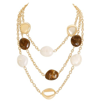 Bocar 3 Layered Statement Necklace for Women Multi Strand Necklace with Resin Beads, Chunky Layered Chain Necklace (NK-10826) - color: Coffee White