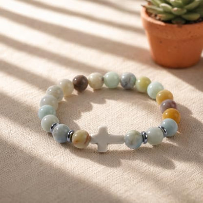 Crystal Cross Bracelet for Women and Men, Gift Jewelry Jewelry Gift | natural stone beads, crystal beads, cross design, inspirational style, birthday gift, bracelet jewelry for casual styling - color: white