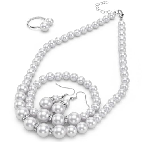 4 Pcs Big Pearl Necklace and Earring Set, White Jewelry Sets for Women, Elegant Bracelet Ring Collection, Classic Costume Jewelry for Wedding Bridesmaid Party Daily Wear
