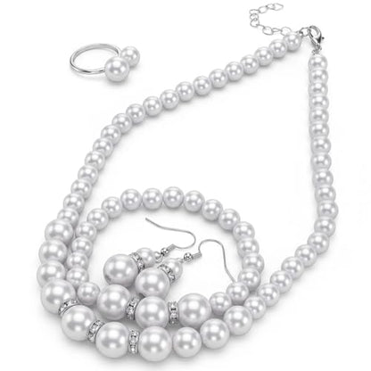 4 Pcs Big Pearl Necklace and Earring Set, White Jewelry Sets for Women, Elegant Bracelet Ring Collection, Classic Costume Jewelry for Wedding Bridesmaid Party Daily Wear