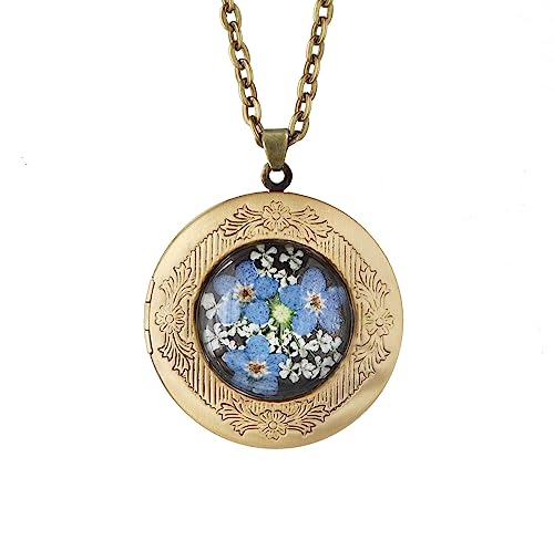 Handmade Oval Shaped Photo Locket with dried Pressed Flowers Locket pendant Necklace - style: Round Blue Forget Me Not