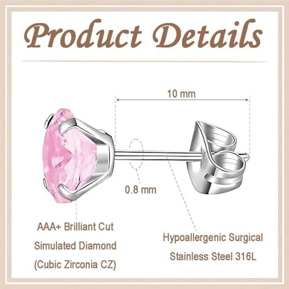 12 Pairs Stud Earrings Set, Hypoallergenic Surgical Stainless Steel 316L Earring for Women Men, Small Earring Studs Pack with Cubic Zirconia - color: Pink-6 Sizes-3，4，5，6，7，8