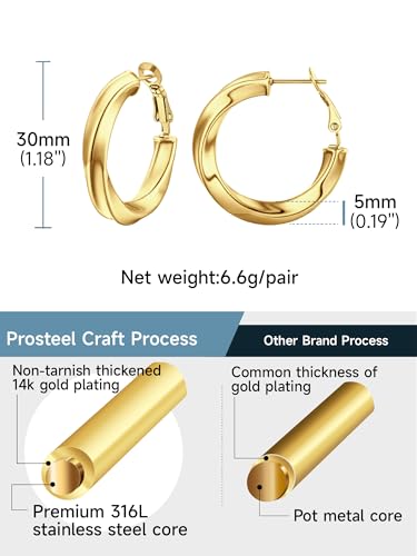 PROSTEEL Chunky Hoop Earrings for Women 14K Gold Plated/Black/Silver | 20/30/40/50/60/70/80mm Stainless Steel Thick Big Round Hoop with Waterproof and Non Tarnish Trendy Jewelry with Gift Box - color: 4. Gold, size: 30MM
