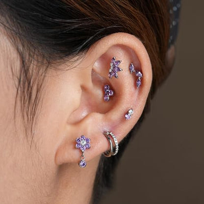 FINE4U 16G CZ Cluster Climber Cartilage Earring for Helix, Tragus - ASTM F136 Titanium Triple Marquise Labret Stud, Screw on Nickel Free Flat Back Jewelry - color: Triple Marquise - Amethyst CZ - Tit