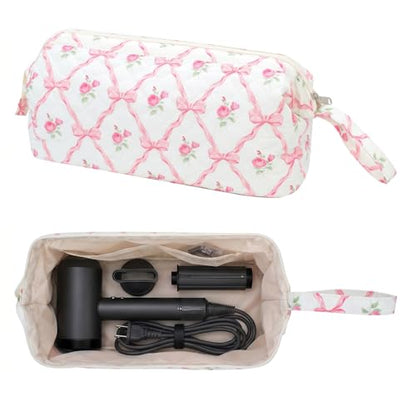 TeeYee Nylon Hair Tools Travel Bag for Dyson Airwrap Quilted Toiletry Bag | Travel Storage Bag for Shark Flexstyle/Curling Iron,Water-repellent,Wide-open,Well-structured,Heat-safe lining,pinkbow-boho - color: Pinkbow-boho