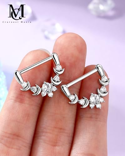 CM Crareesi Mania Moon Nipple Clicker Rings,14G Nipple Shield Rings, 316L Stainless Steel Nipple Barbells Clear CZ, Nipple Rings for Women - color: Silver