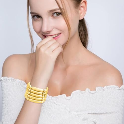 YBMYCM 5PCS Gold Chunky Bangles Bracelets for Women | 14k Gold Plated Stackable Layered Curved Bamboo Tube Stretch Bracelets Bangle Gift Jewelry - color: 5pcs G-8mm