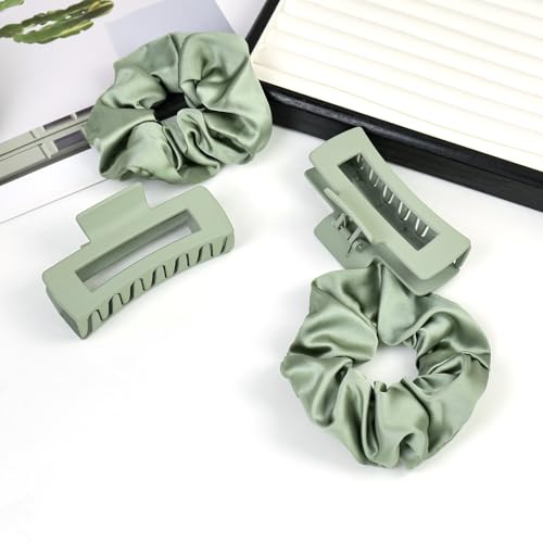 Claw Clips and Scrunchies Set 4pcs – 2 Medium Hair Clips, 2 Satin Scrunchies, Non-Slip Matte Square Hair Claws, Hair Accessories for Back to School, Birthday Gift, Daily Use, Sage Green - color: Sage Green